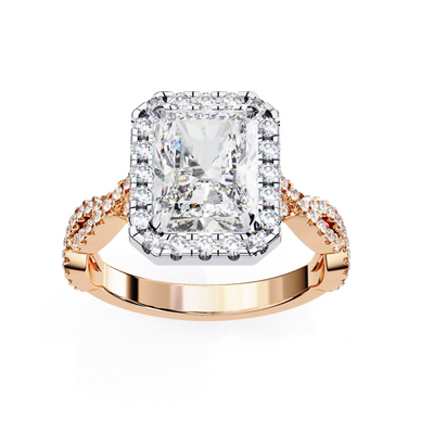Rose gold ring with a large diamond and smaller diamonds on the band against a white background