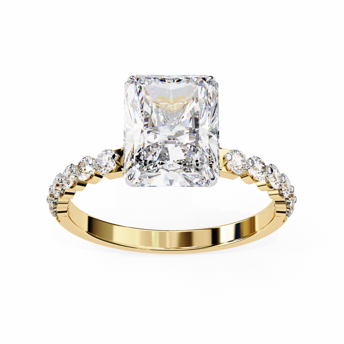 Gold ring with a large diamond and smaller diamonds on the band against a white background