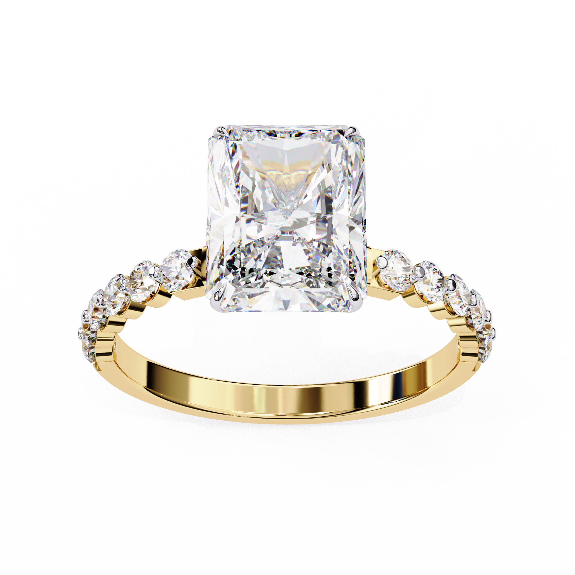 Gold ring with a large diamond and smaller diamonds on the band against a white background