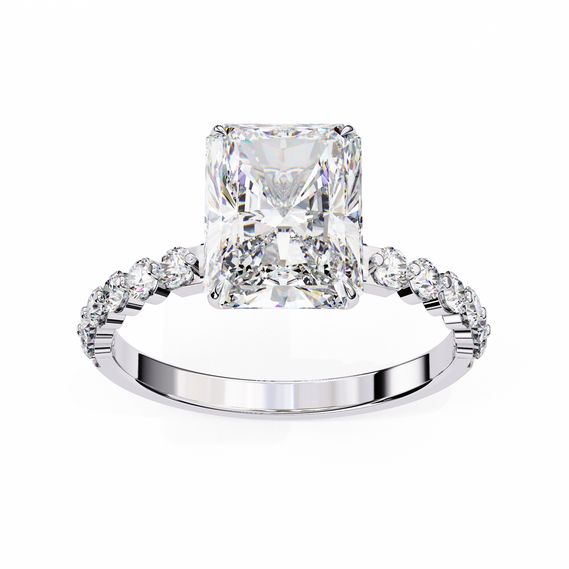 Diamond ring with a large central gemstone and smaller stones on the band against a white background