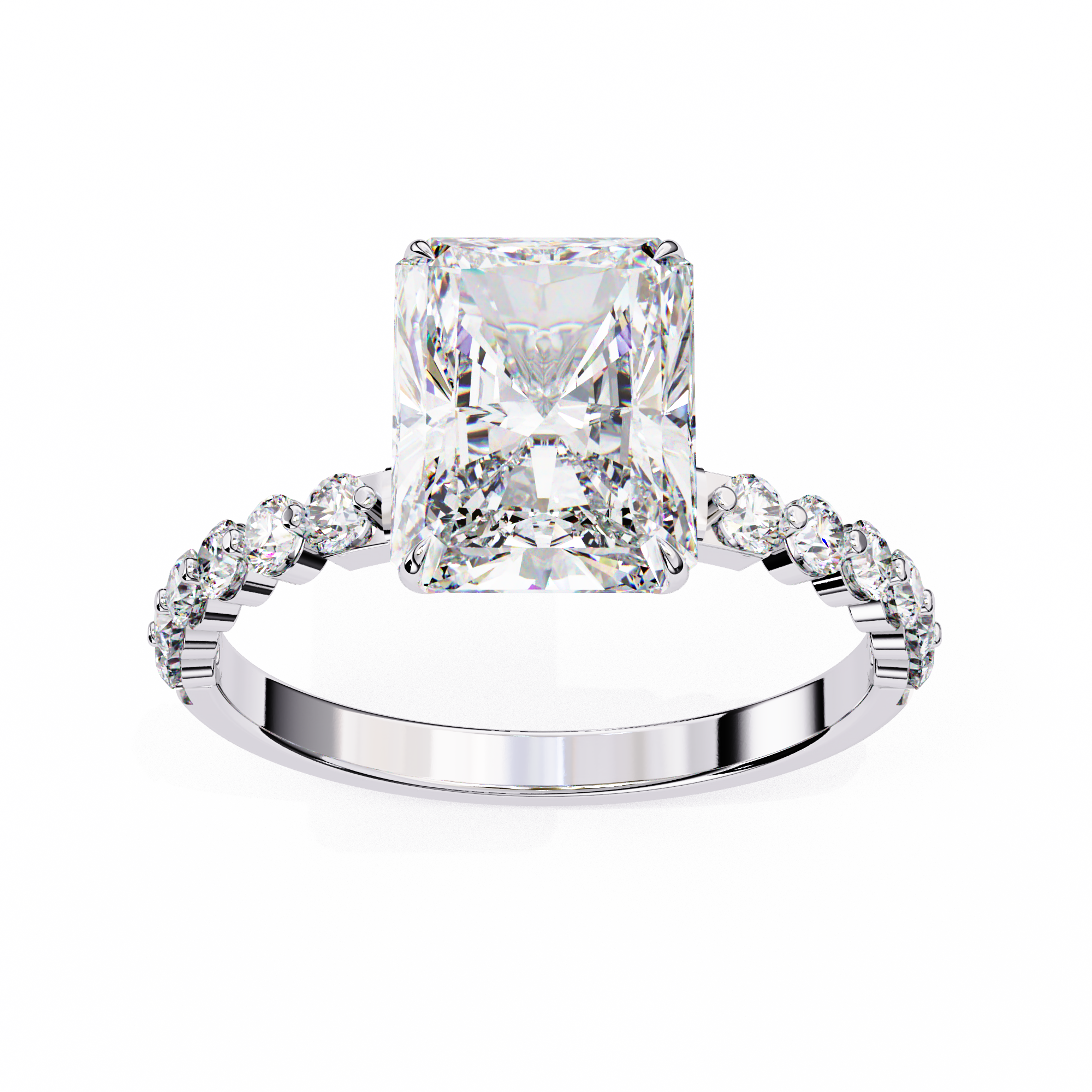 Diamond ring with a large central gemstone and smaller stones on the band against a white background