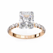 Rose gold ring with a large diamond and smaller diamonds on the band against a white background