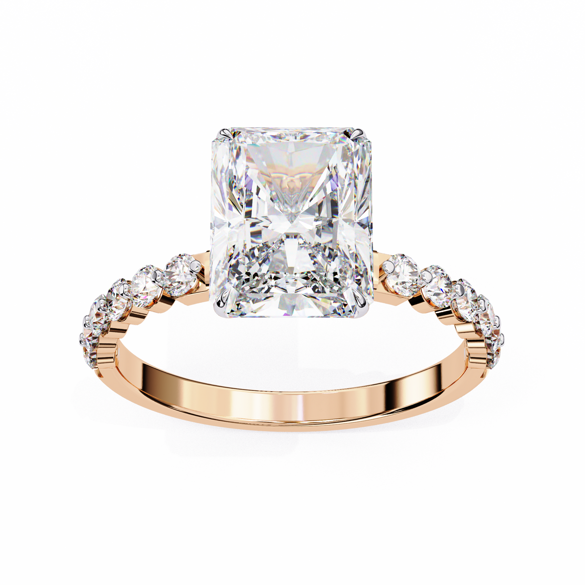 Rose gold ring with a large diamond and smaller diamonds on the band against a white background