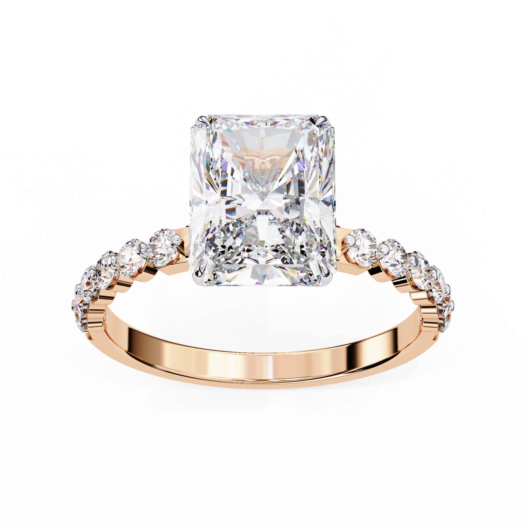 Rose gold ring with a large diamond and smaller diamonds on the band against a white background