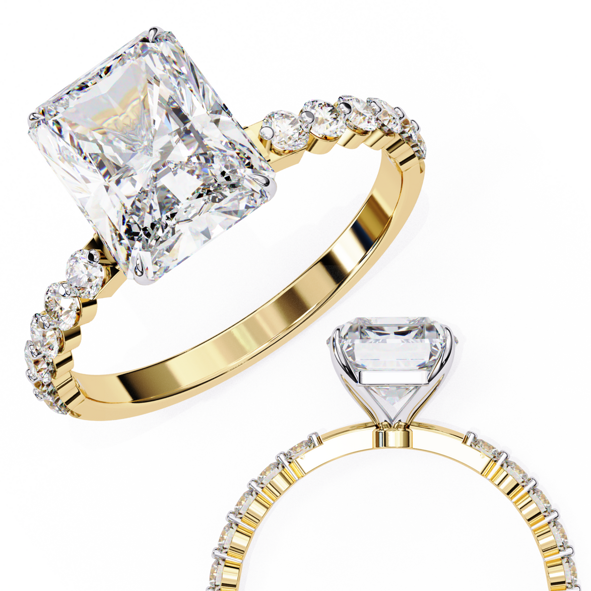 Two gold diamond rings on a white background
