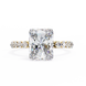Diamond ring with a large central gemstone and smaller stones on the band against a white background