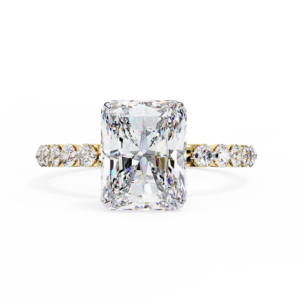 Diamond ring with a large central gemstone and smaller stones on the band against a white background