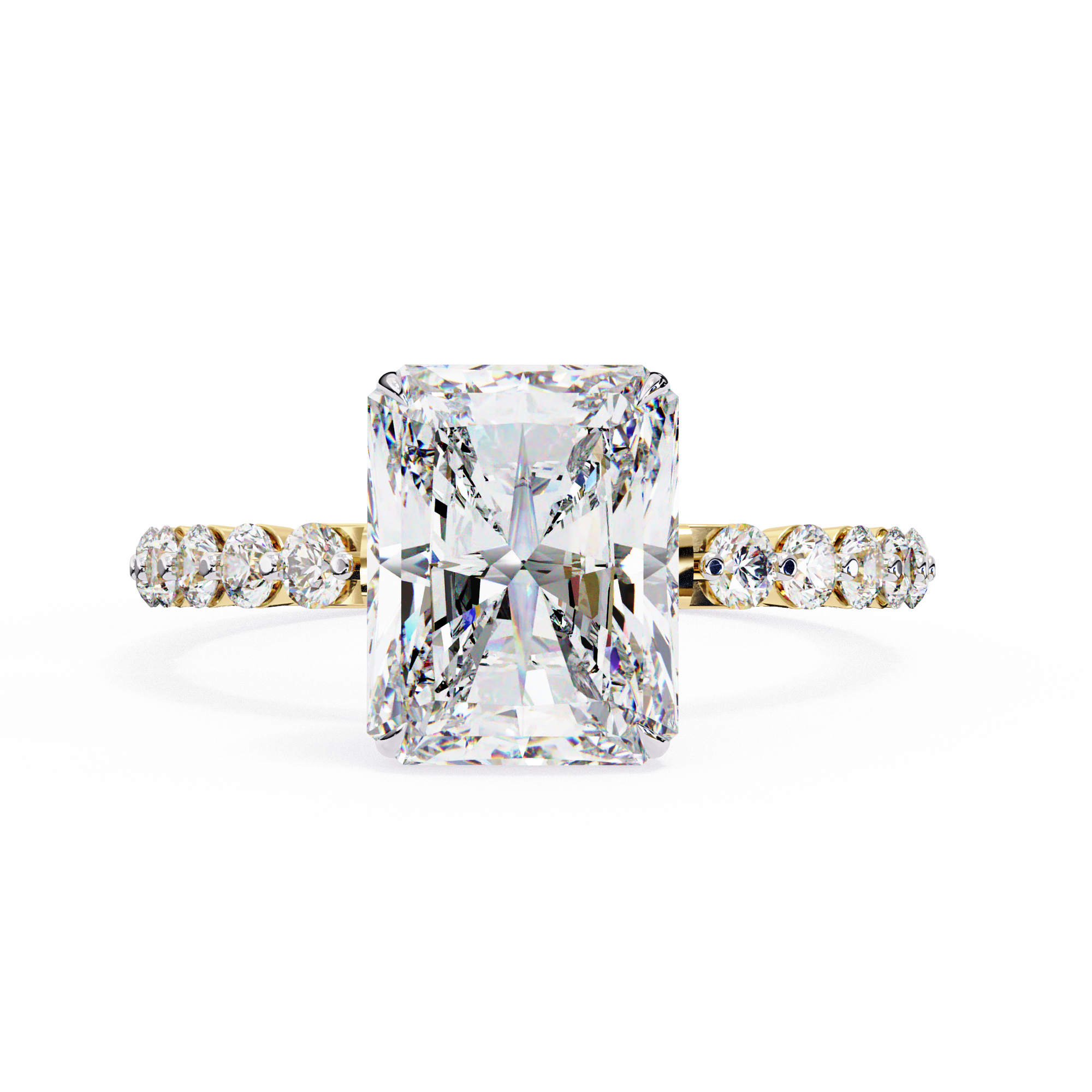 Diamond ring with a large central gemstone and smaller stones on the band against a white background