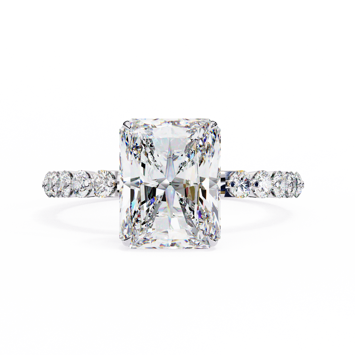 Diamond ring with a large central gemstone and smaller stones on the band against a white background
