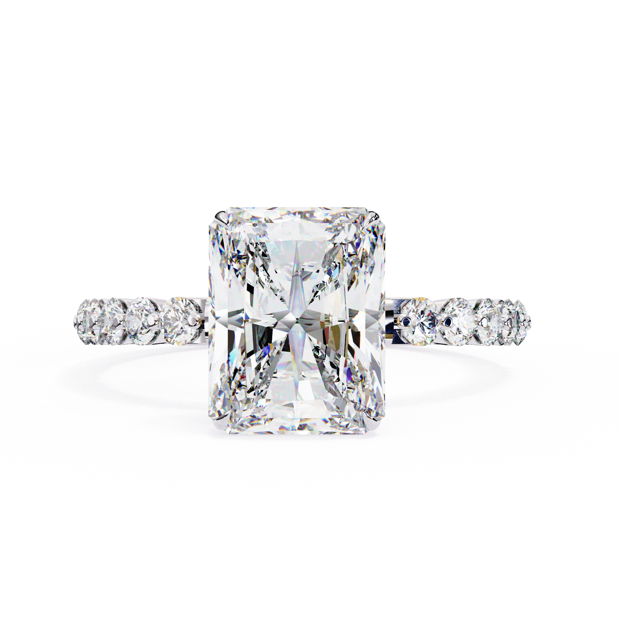 Diamond ring with a large central gemstone and smaller stones on the band against a white background