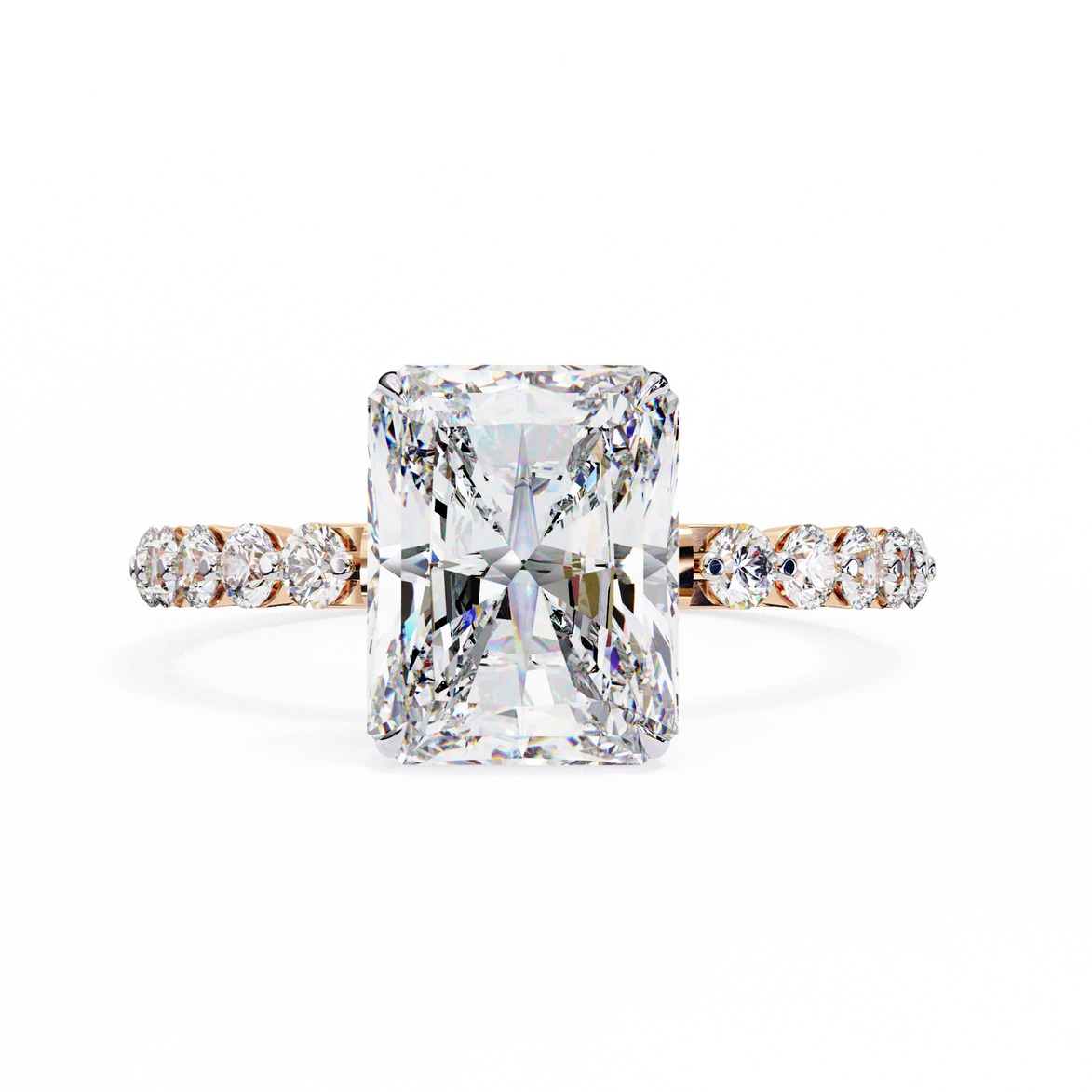Diamond ring with a large central gemstone and smaller stones on a white background