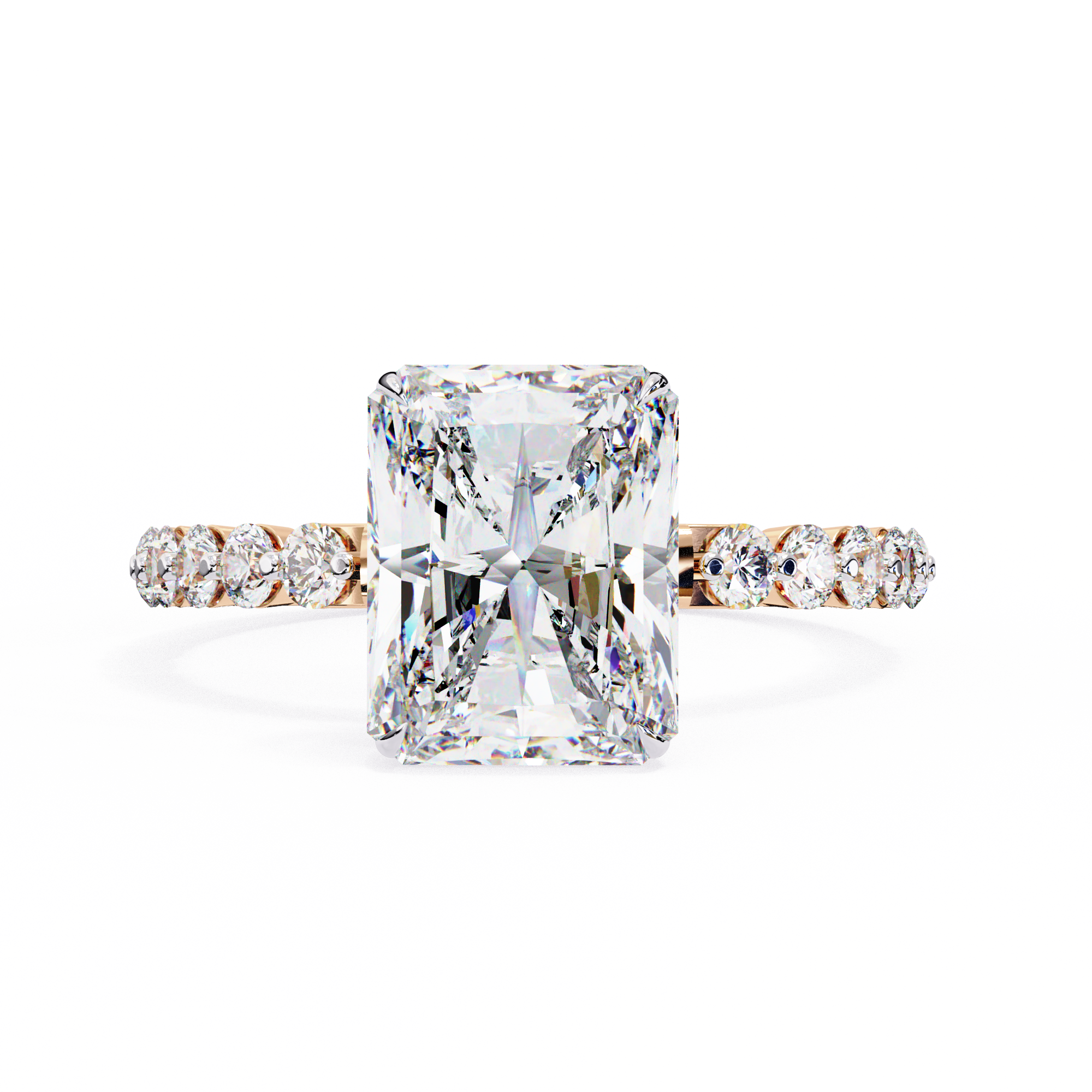 Diamond ring with a large central gemstone and smaller stones on a white background