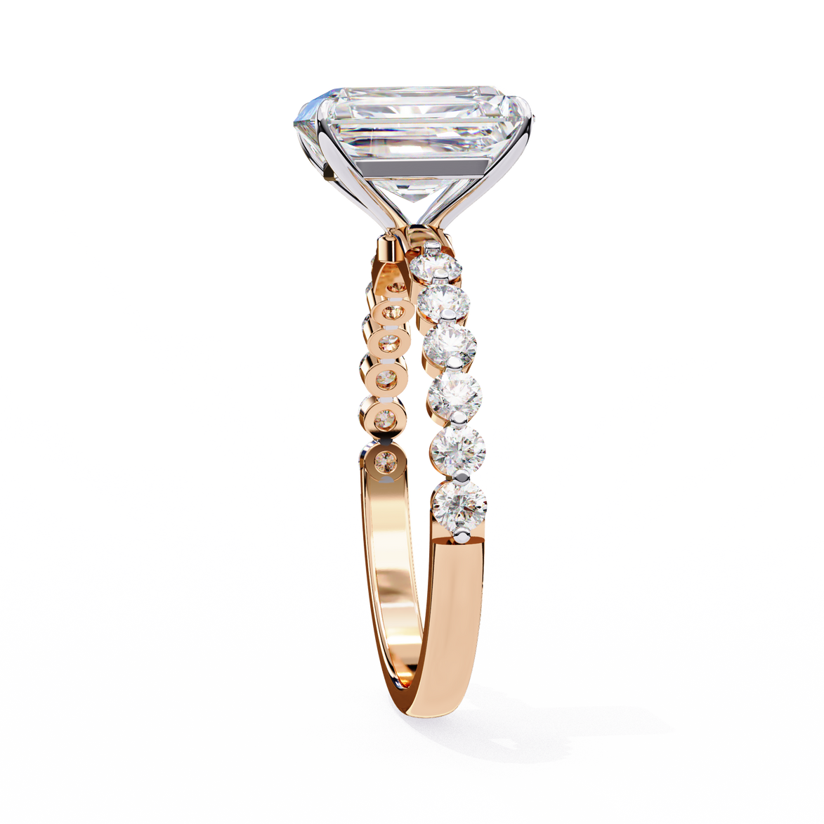 Rose gold ring with a large diamond and smaller diamonds on the band against a white background