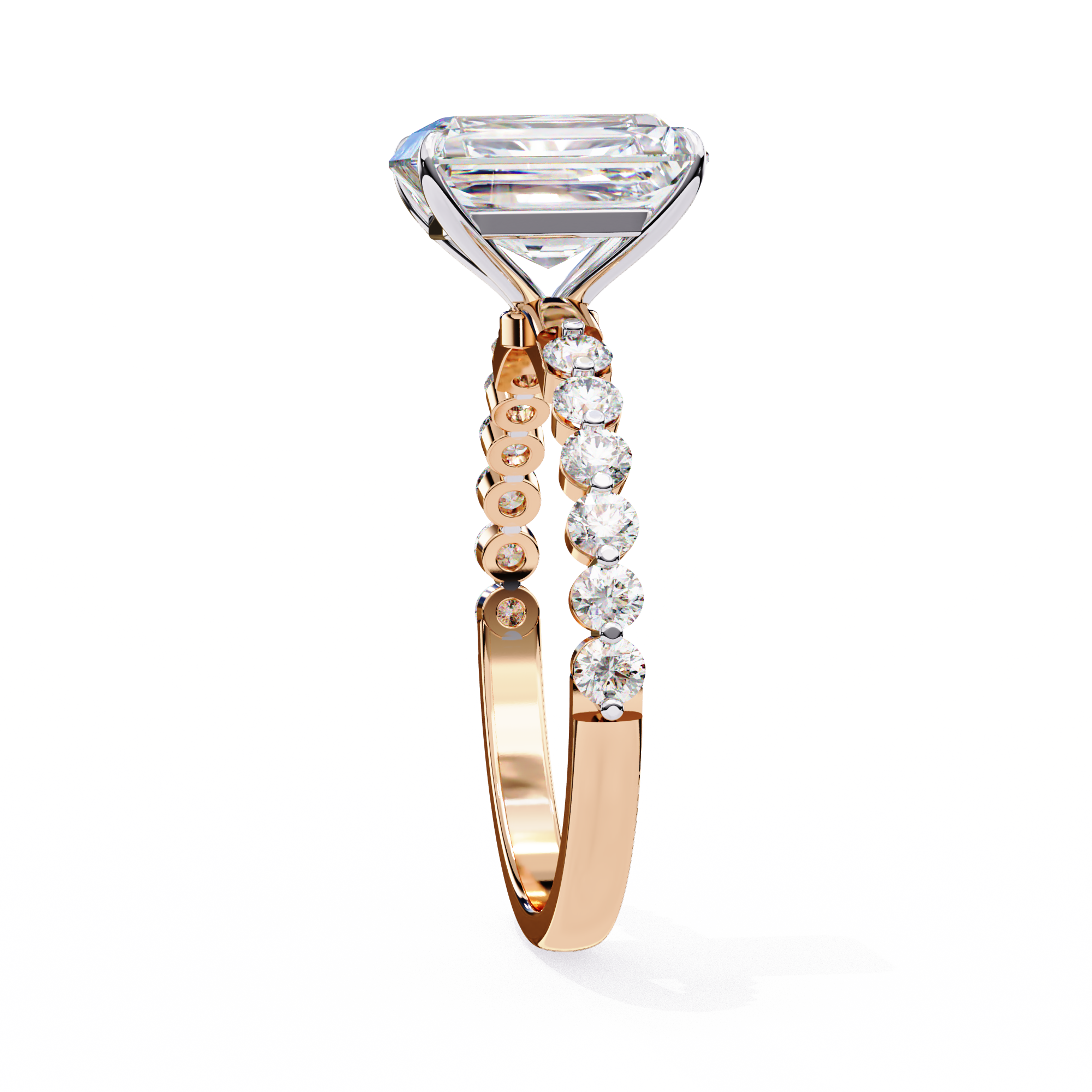 Rose gold ring with a large diamond and smaller diamonds on the band against a white background