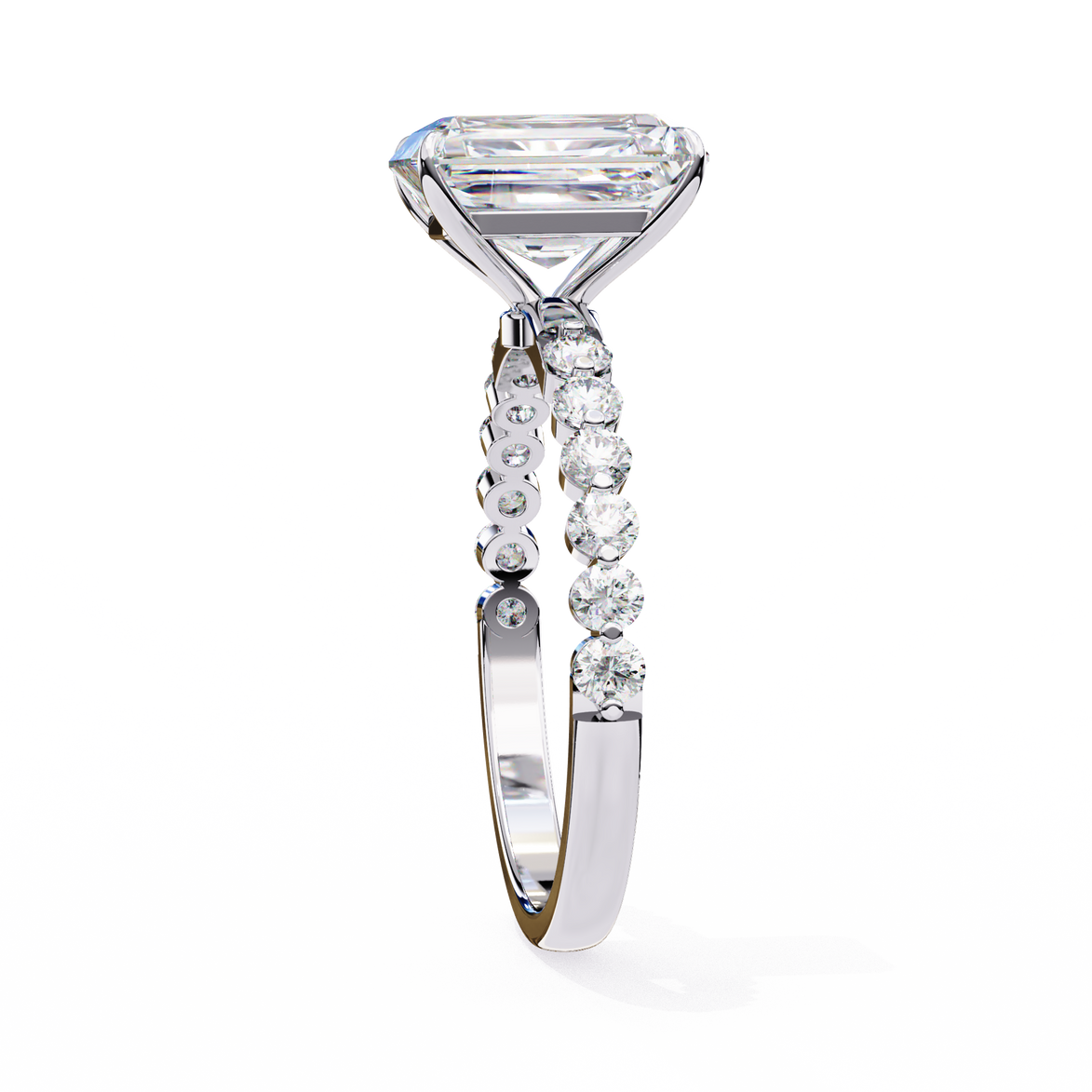 Diamond ring with a large central stone and smaller stones on the band against a white background