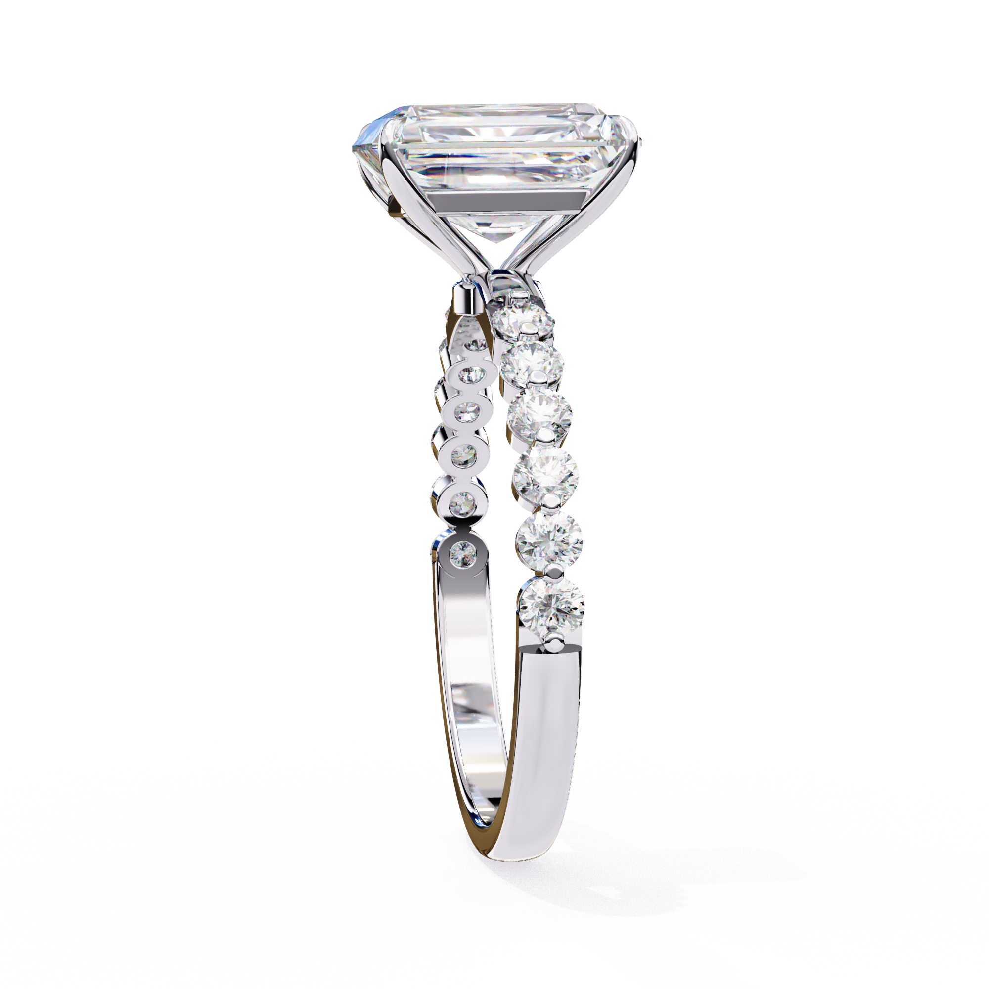 Diamond ring with a large central stone and smaller stones on the band against a white background
