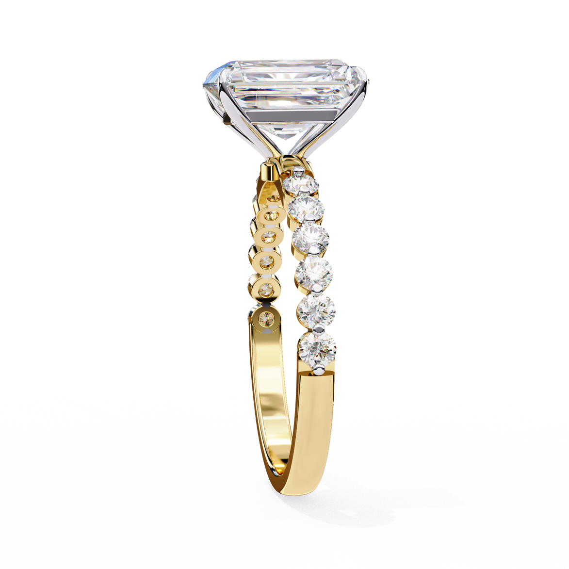 Gold ring with a large diamond and smaller diamonds on the band against a white background