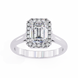 Diamond ring with emerald-cut center stone and halo on a white background