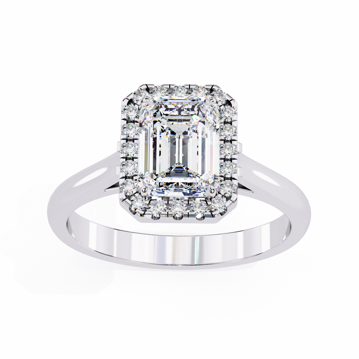 Diamond ring with emerald-cut center stone and halo on a white background
