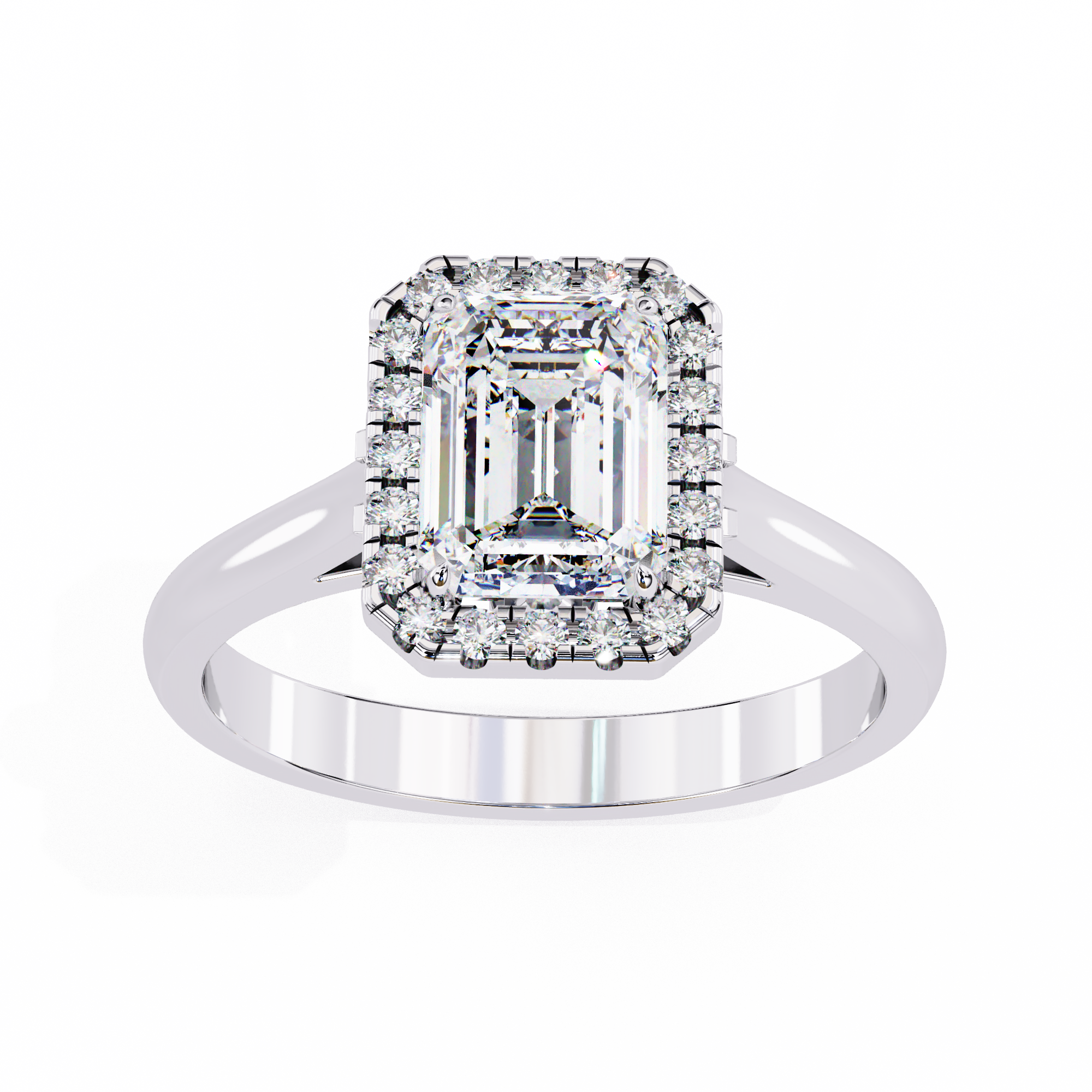 Diamond ring with emerald-cut center stone and halo on a white background