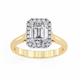 Gold ring with a large diamond and smaller diamonds on a white background