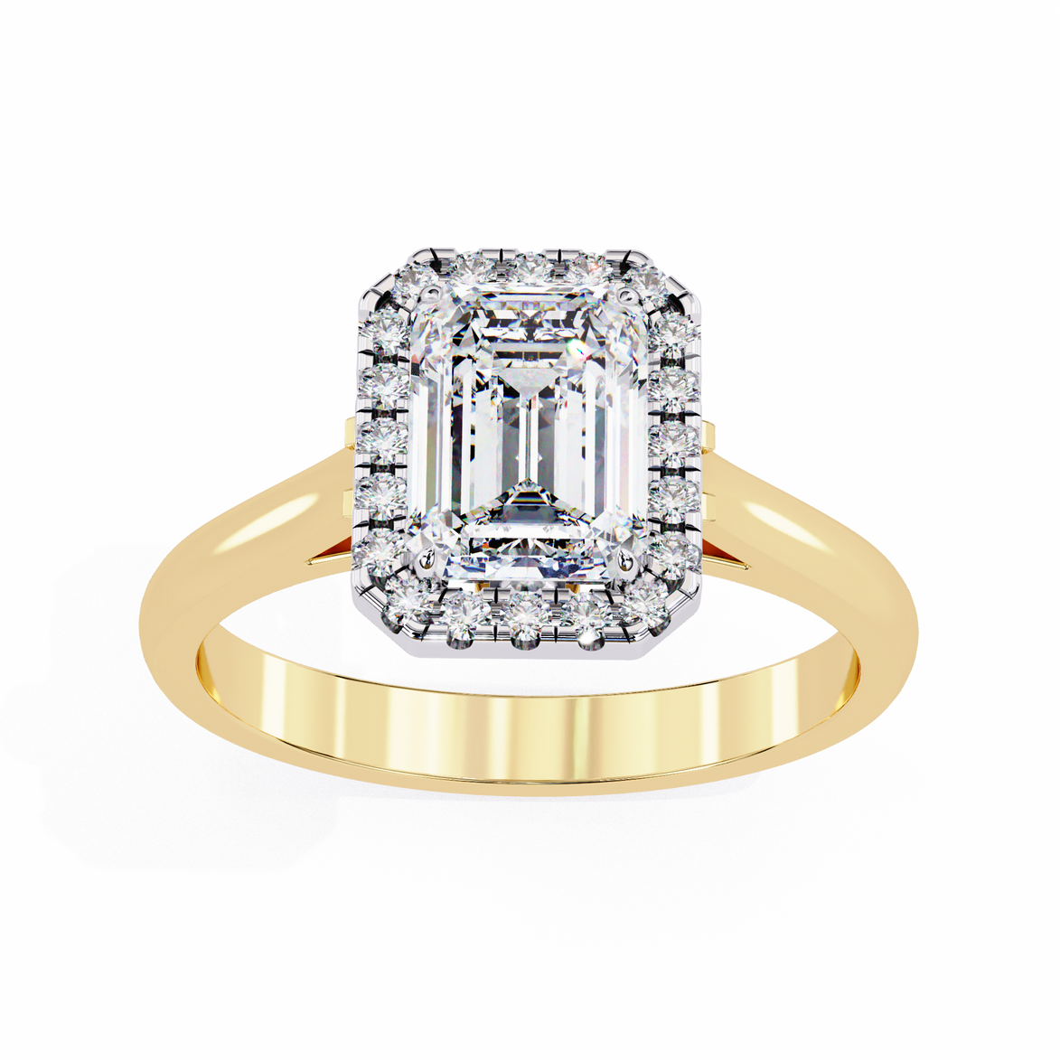 Gold ring with a large diamond and smaller diamonds on a white background