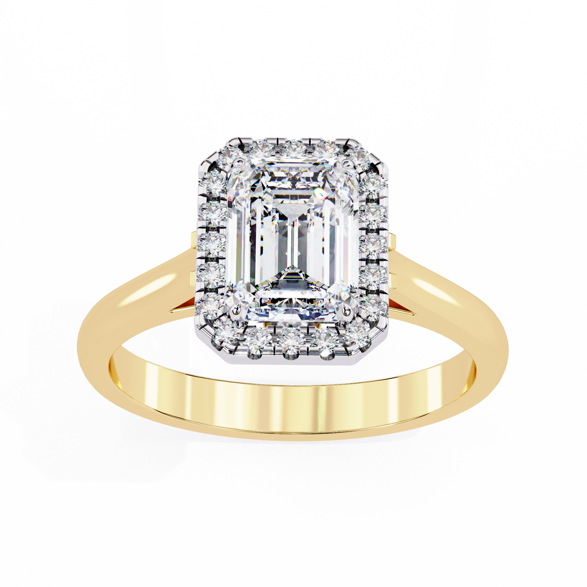 Gold ring with a large diamond and smaller diamonds on a white background