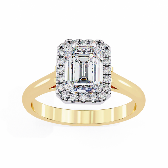 Gold ring with a large diamond and smaller diamonds on a white background