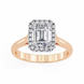 Rose gold ring with a large diamond and smaller diamonds on a white background