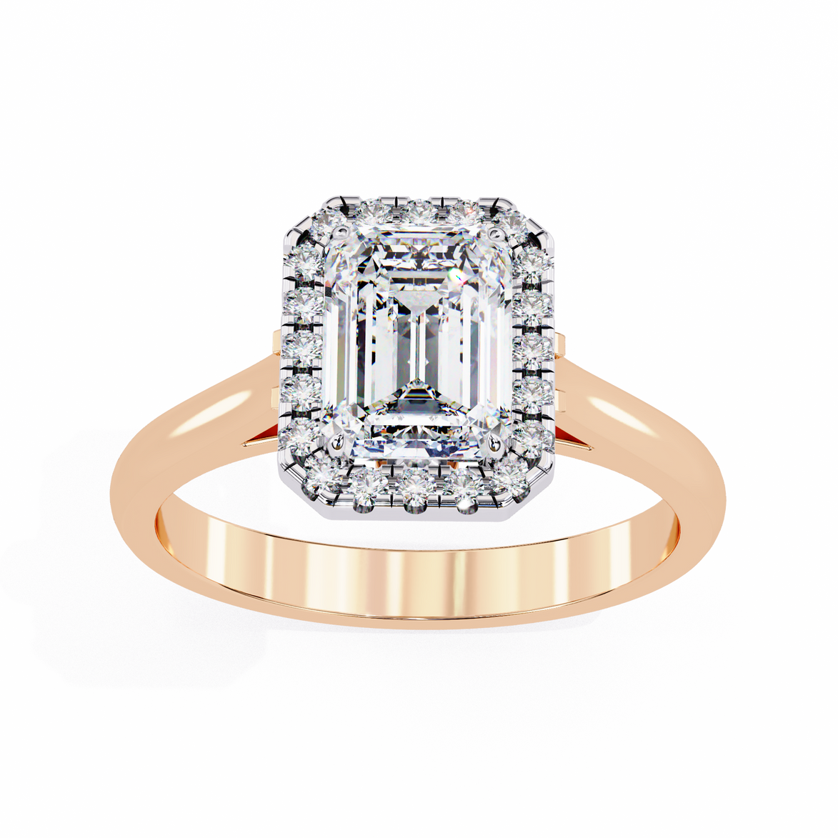 Rose gold ring with a large diamond and smaller diamonds on a white background