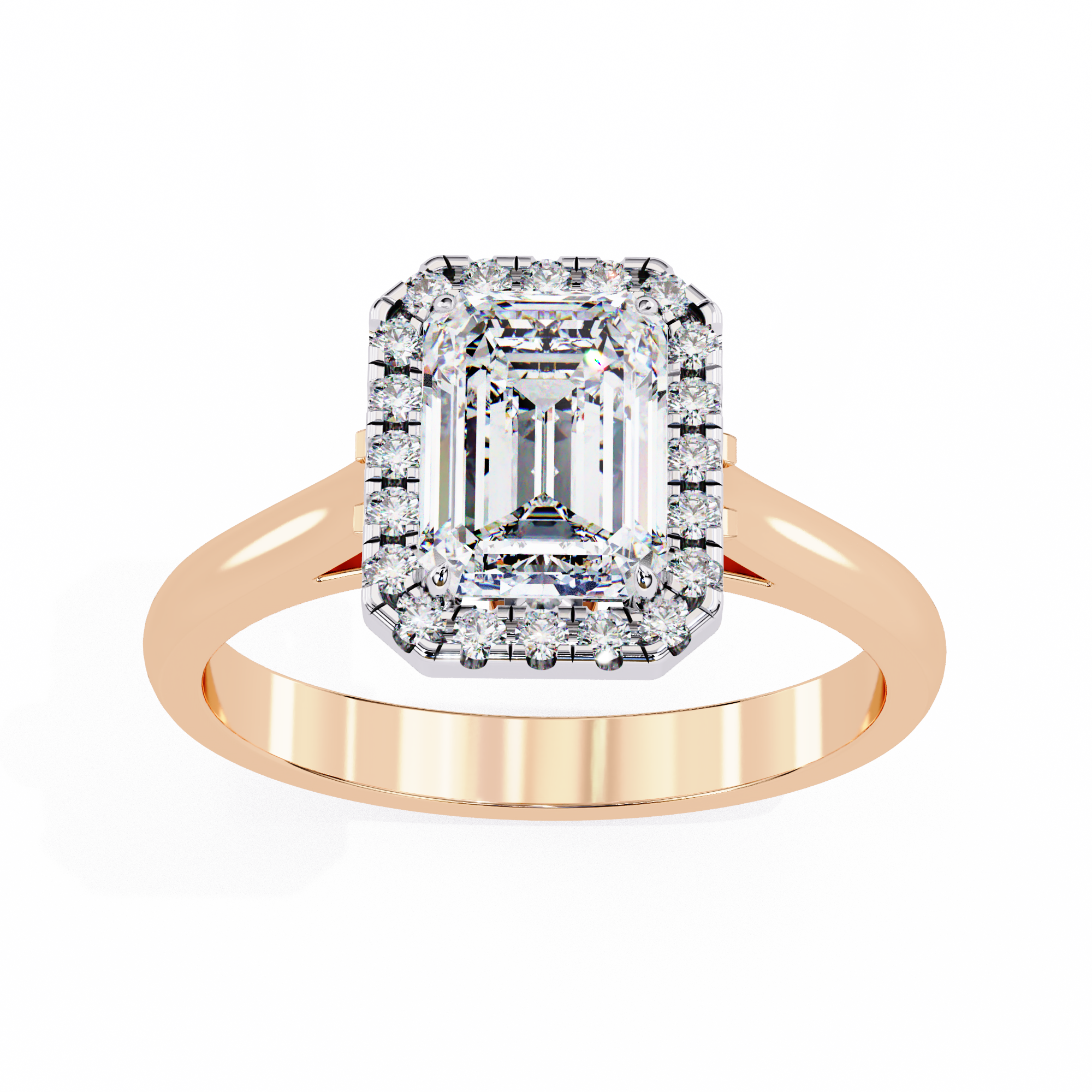 Rose gold ring with a large diamond and smaller diamonds on a white background