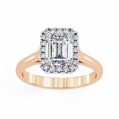 Rose gold ring with a large diamond and smaller diamonds on a white background