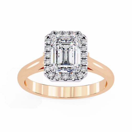 Rose gold ring with a large diamond and smaller diamonds on a white background