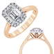 Two rose gold diamond rings on a white background