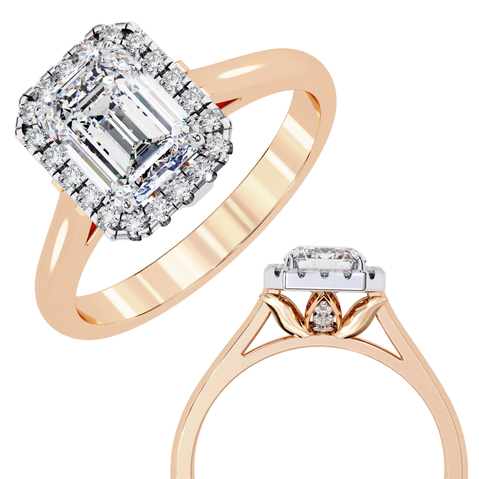 Two rose gold diamond rings on a white background