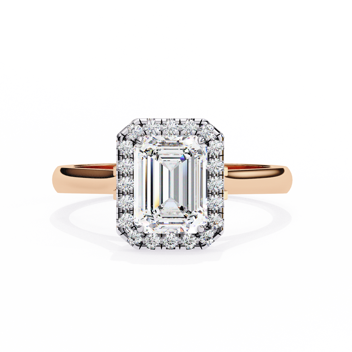 Diamond ring with emerald-cut center stone and rose gold band on a white background