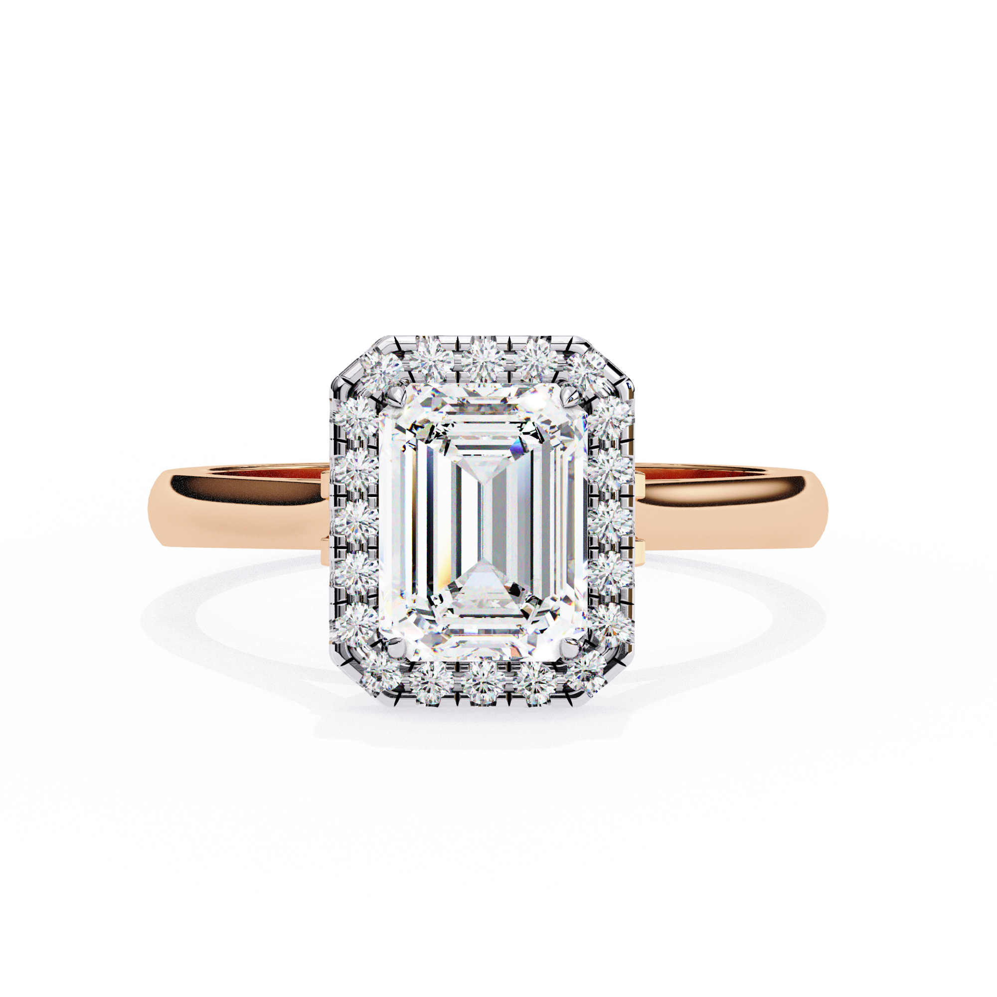 Diamond ring with emerald-cut center stone and rose gold band on a white background