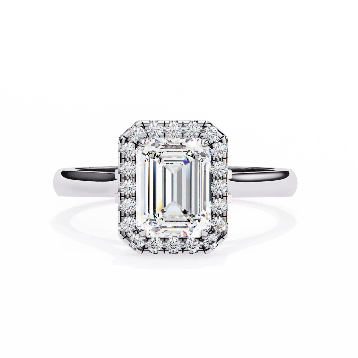 Diamond ring with emerald-cut center stone and halo on a white background