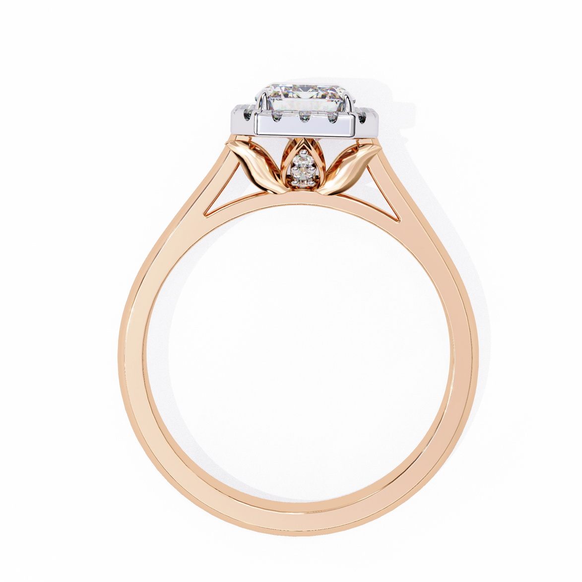 Rose gold ring with a diamond on a white background