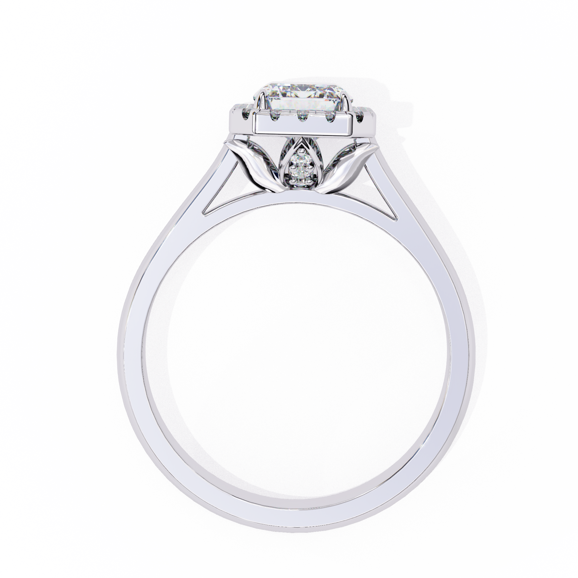 Diamond ring with a white gold band on a white background