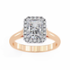 Rose gold ring with a large diamond and smaller diamonds on a white background