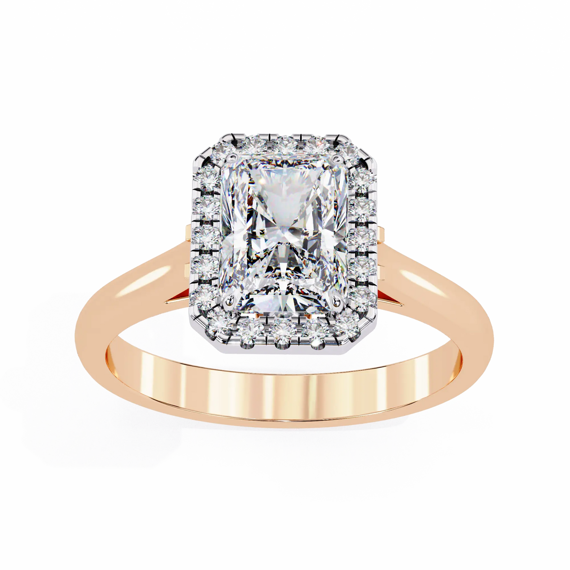 Rose gold ring with a large diamond and smaller diamonds on a white background