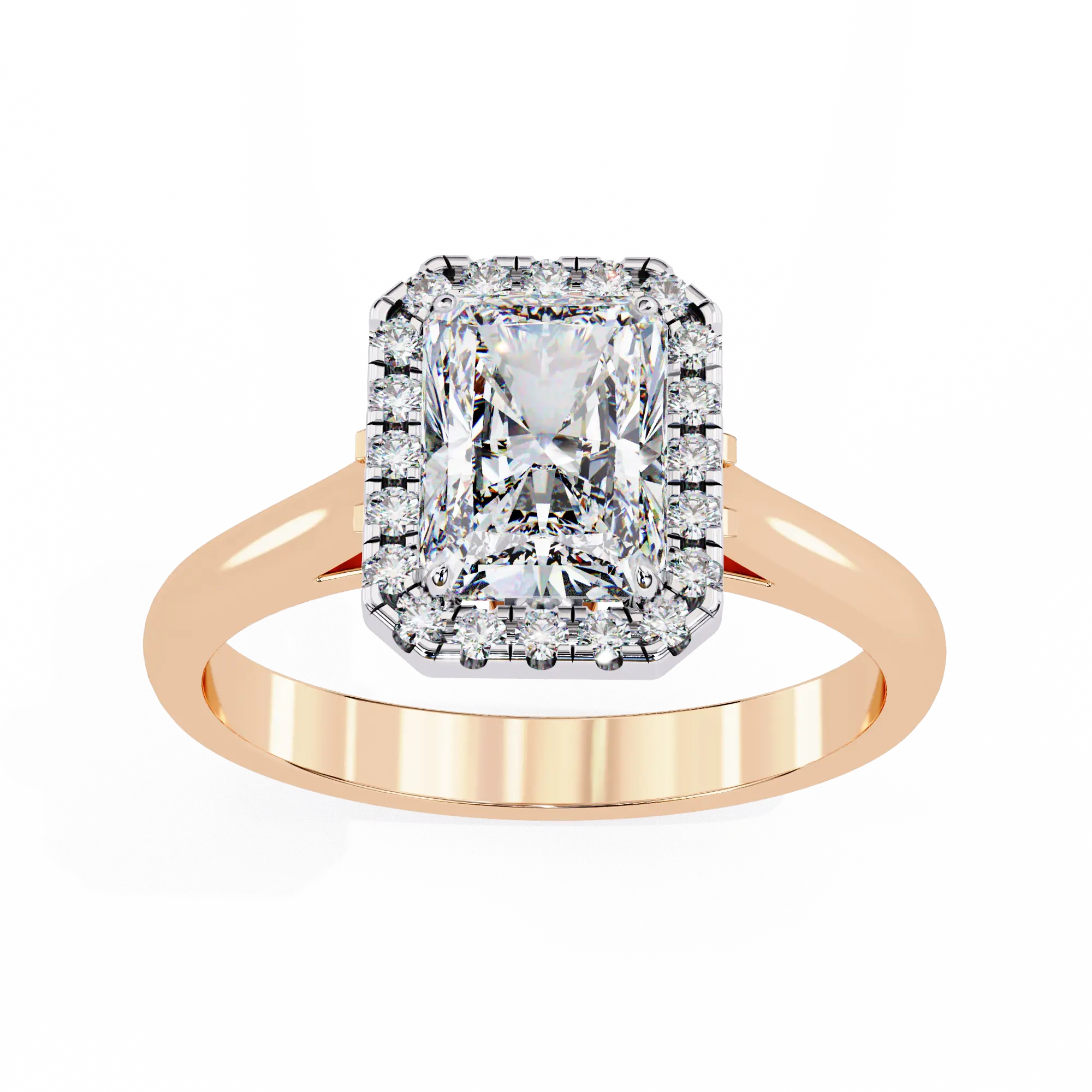 Rose gold ring with a large diamond and smaller diamonds on a white background