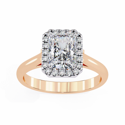 Rose gold ring with a large diamond and smaller diamonds on a white background