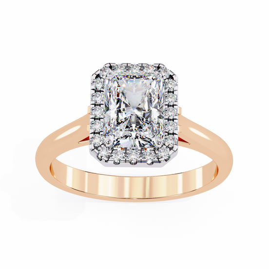 Rose gold ring with a large diamond and smaller diamonds on a white background