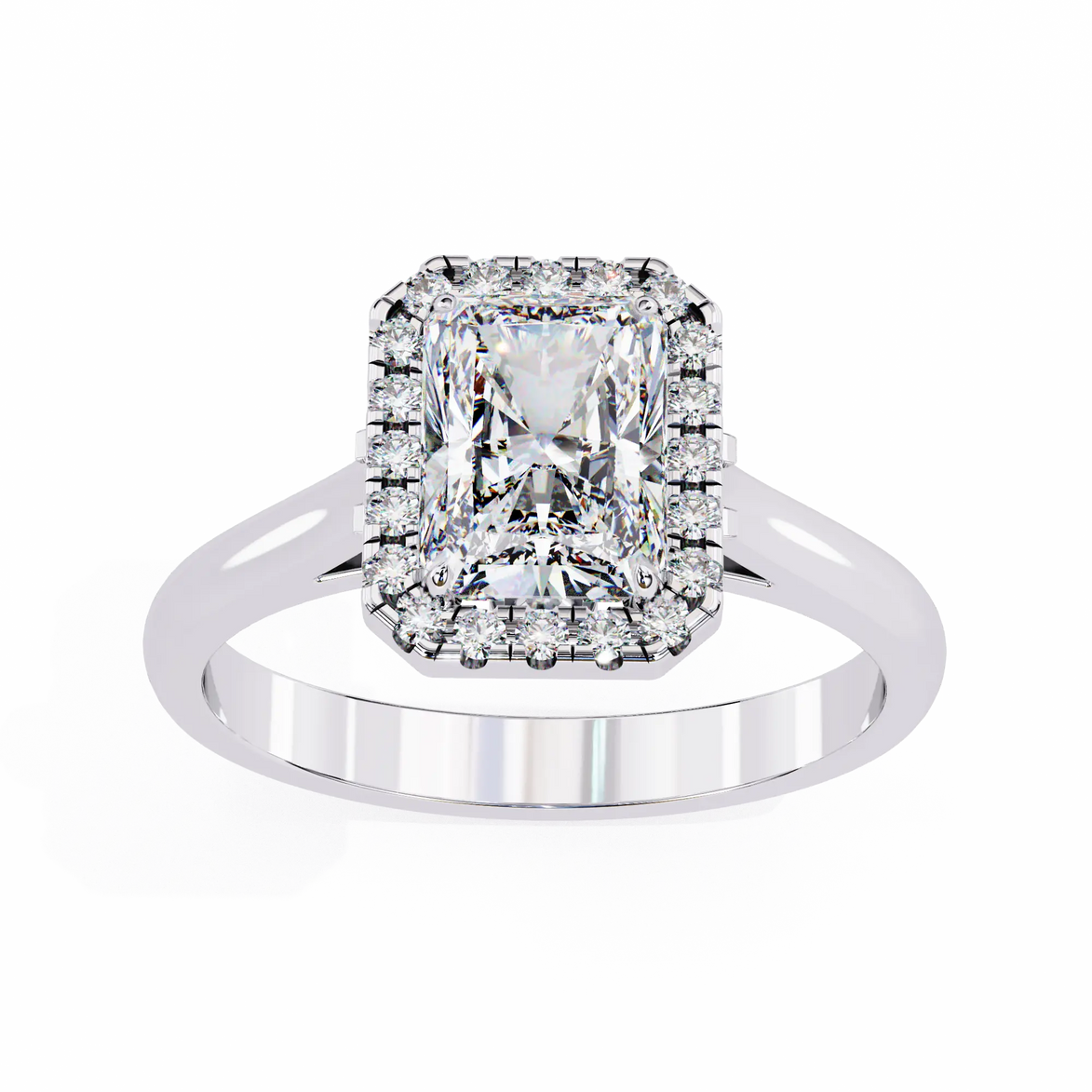 Diamond ring with a large central gemstone and smaller stones on a white background