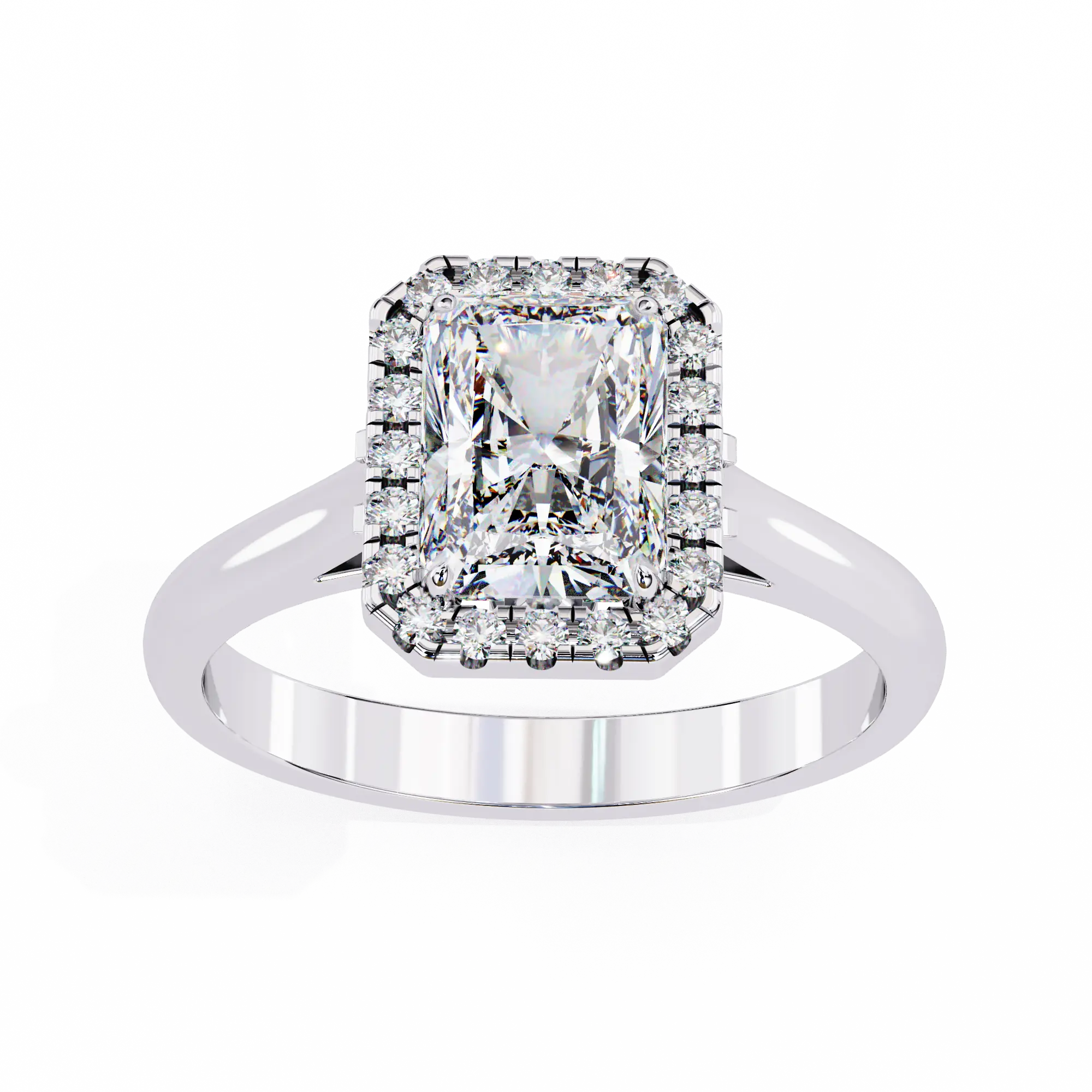 Diamond ring with a large central gemstone and smaller stones on a white background