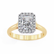 Gold ring with a large diamond and smaller diamonds on a white background