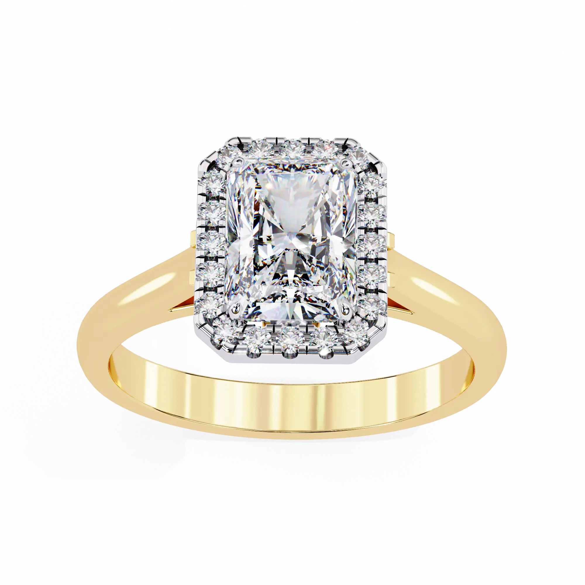 Gold ring with a large diamond and smaller diamonds on a white background