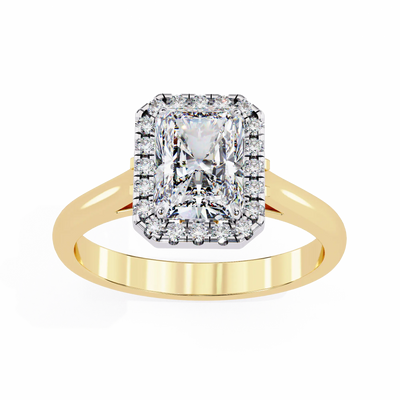 Gold ring with a large diamond and smaller diamonds on a white background